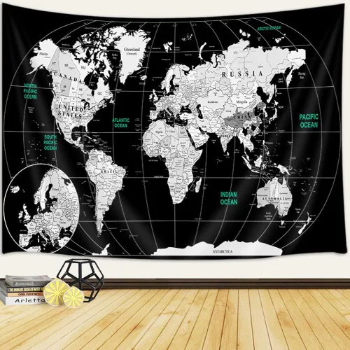 Miniatura 2 de Arte de pared con mapa del mundo para niños, tapiz educativo con países, ciudades, topografía - Asia, Europa, América, África, Japón, 40 x 30 Negro