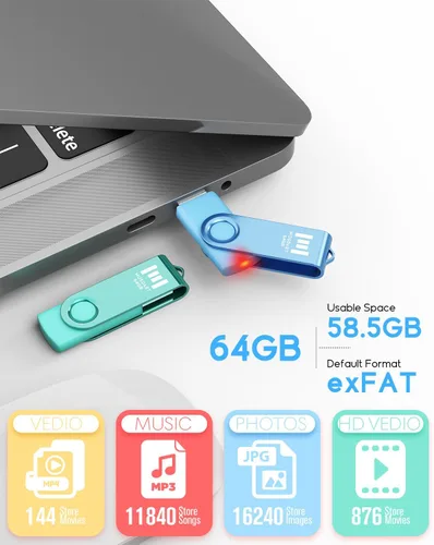 Miniatura 4 de MOSDART Unidad flash USB 2.0 de 64 GB, con bucle para llavero, diseño giratorio con luz LED, memoria USB exFAT para computadoras, respaldo del Azul