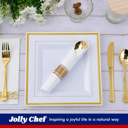 Miniatura 6 de JOLLY CHEF Paquete de 60 platos llanos de plástico, platos cuadrados de plástico dorado con elegante borde dorado de 9.5 pulgadas, desechables