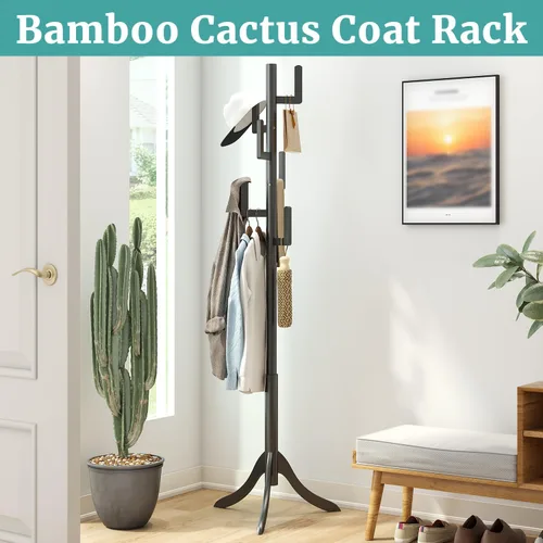 Miniatura 2 de Perchero negro independiente, árbol de bambú de cactus, soporte de madera de altura ajustable con 6 ganchos, perchero para niños, utilizado
