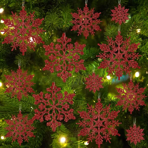 Miniatura 13 de Decoraciones para árbol de Navidad, adornos de copo de nieve, 36 piezas de copos de nieve colgantes de plástico con purpurina azul y plateado