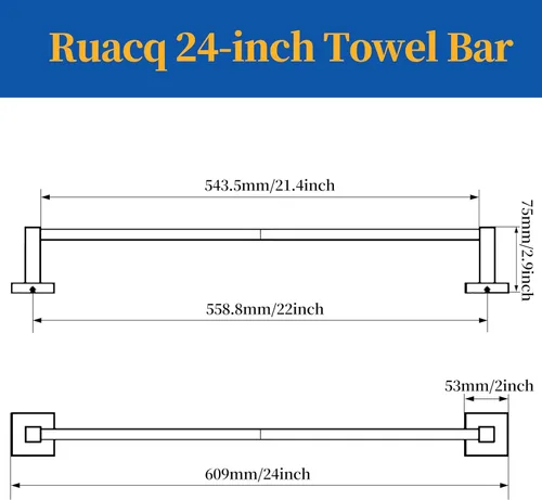Miniatura 2 de Ruacq Toallero de toalla gris cepillado de 21 pulgadas. Barra única para toallas cuadrada. Porta toallas de baño. Toallero de baño de acero Níquel