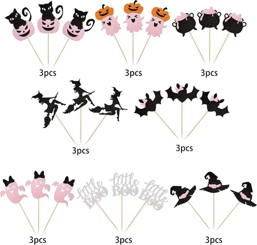 Miniatura 3 de Paquete de 24 adornos para cupcakes de Halloween con purpurina rosa, fantasma, pequeño abucheo, murciélago, bruja, gato, calabaza, magdalena
