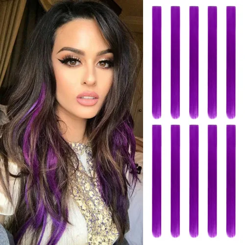 Miniatura 24 de 20 extensiones de cabello con clip de colores para niñas, extensiones de cabello arcoíris multicolor de 20 pulgadas, reflejos instantáneos, piezas