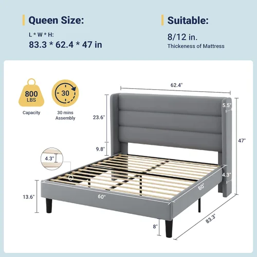 Miniatura 2 de Allewie - Base de cama tamaño Queen con cabecera tapizada en terciopelo con respaldo abatido, sin necesidad de somier, espacio de almacenamiento Gris