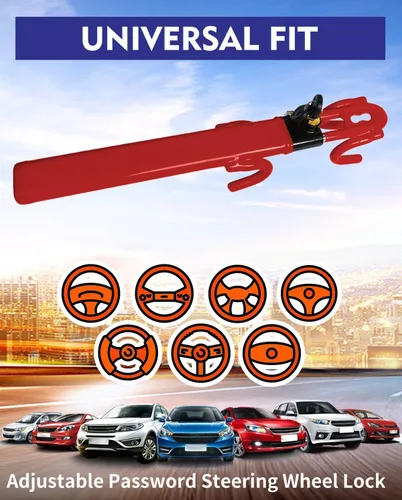 Miniatura 6 de Bloqueo de Volante Antirrobo de Alta Resistencia Seguro para Coche, Abrazadera de Longitud Ajustable, Doble Gancho, Bloqueos de Ajuste Universal Rojo