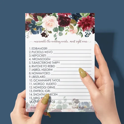 Miniatura 5 de Juegos de despedida de soltera con flores azules, 25 cartas, juego de palabras de boda, divertida actividad de adivinación para invitados, fiestas