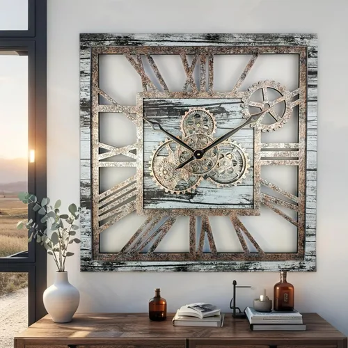 Miniatura 3 de ImprovingLife The Gears Clock - Reloj de pared cuadrado con engranaje móvil real de 24 pulgadas, estilo vintage, industrial, de gran tamaño, Gris