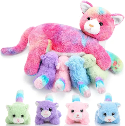 Miniatura 7 de Skylety Animal de peluche Nurturing con 4 gatitos de peluche, gatos de peluche para niñas y niños, mamá gatita de peluche con gatitos para regalos