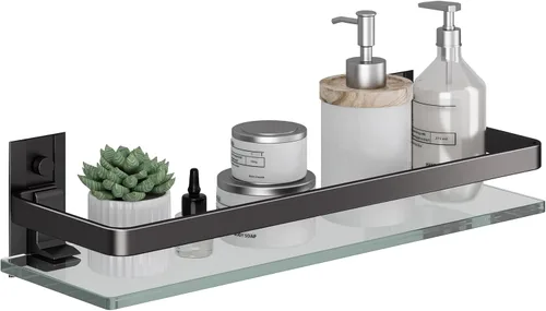 Danpoo Estante de Pared de Vidrio Templado Transparente, Organizador de Montaje en Pared para Baño, Cocina (Negro Mate)