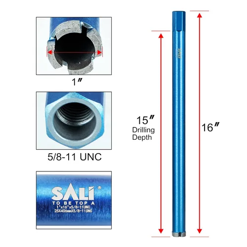 Miniatura 2 de SALI Brocas de núcleo de diamante para uso en húmedo de 1"/25mm de diámetro, broca de núcleo de concreto de 15"/380mm de profundidad de perforación