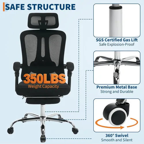 Miniatura 6 de GarveeHome Silla de oficina ergonómica de respaldo alto con respaldo de malla, reposapiés retráctil, reposacabezas ajustable y soporte lumbar, silla