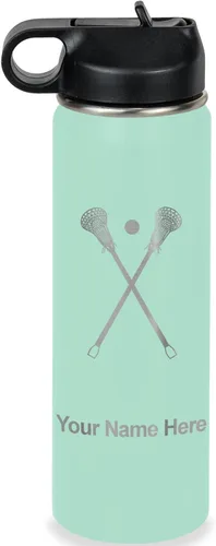 Miniatura 53 de LaserGram Botella de agua personalizada, palitos de lacrosse, acero inoxidable de doble pared aislada al vacío con popote superior, regalo grabado