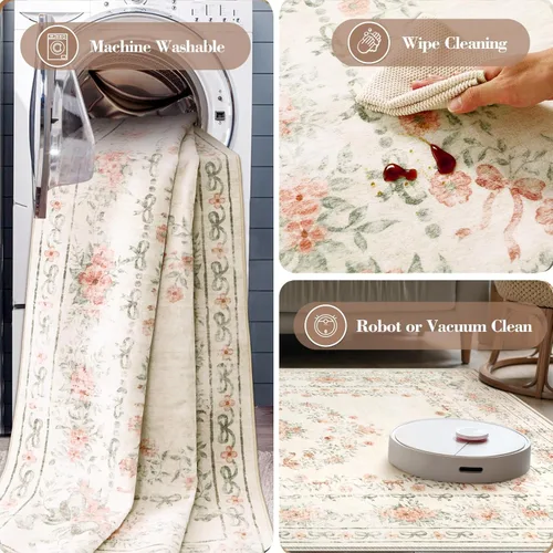 Miniatura 7 de Wonnitar Alfombra lavable con lazo floral de 5 x 7 pies, ultrafina, color beige, para dormitorio, alfombra bohemia que no se desprende, neutra