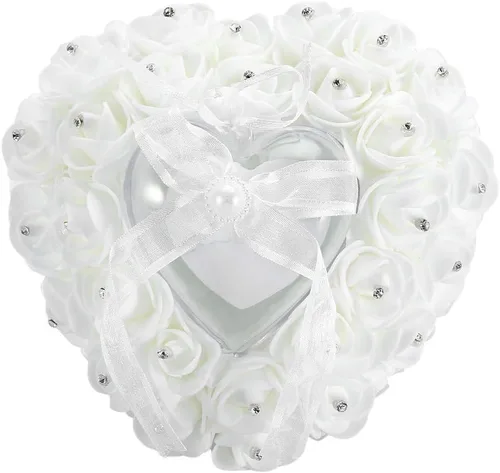 TOPINCN Almohada de boda, soporte de caja de corazón de boda, romántica en forma de corazón, caja de boda, decoración de rosa, cojín de almohada