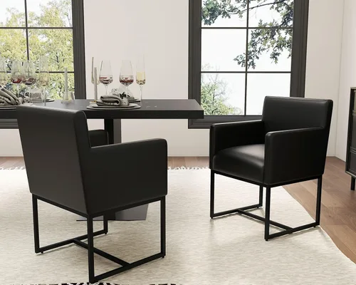 Miniatura 7 de HNY Juego de 2 sillas de comedor tapizadas modernas de mediados de siglo con brazos, sillas decorativas de piel sintética con marco de metal
