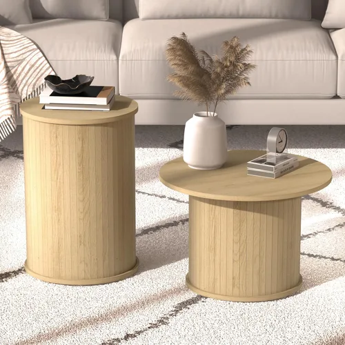 Miniatura 5 de Juego de 2 mesas de centro redondas de madera para sala de estar, mesas de centro anidadas circulares acanaladas para apartamentos, espacios Roble