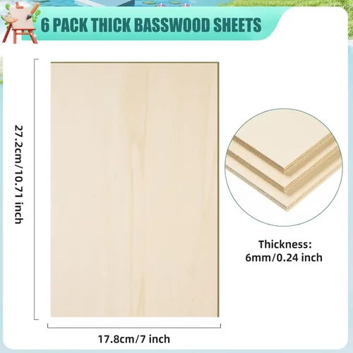 Miniatura 2 de Paquete de 6 hojas de madera de tilo de 10.7 x 7 x 1/4 pulgadas-6mm de grosor para manualidades, hojas de madera contrachapada sin terminar, paneles