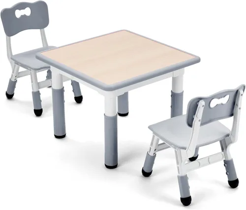 UNICOO - Juego de mesa y sillas de estudio de tres piezas para niños de 23 x 23 pulgadas, escritorio artístico de plástico para niños de altura