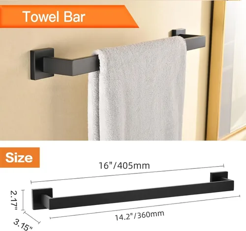 Miniatura 3 de Toalleros para baño, color negro, 5 piezas de 16 pulgadas, accesorios de accesorios de baño, montaje en pared, incluye barra de toalla de mano