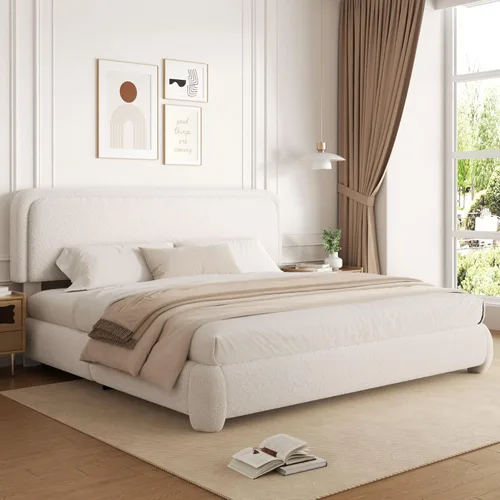 Base de cama de tamaño Full con tapizado de bouclé, plataforma tapizada con cabecera, anticolisión con esquinas redondeadas suaves, no requiere