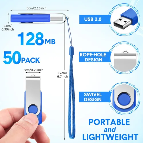 Miniatura 2 de Paquete de 50 unidades flash USB 2.0 de 128 MB a granel con cordones, unidad de pulgar USB giratoria a granel con luz LED, bolígrafo giratorio