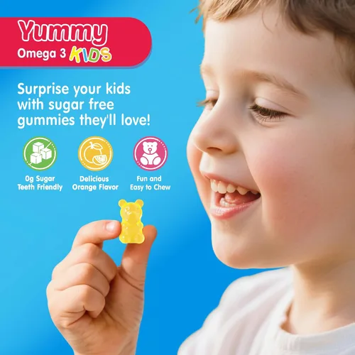 Miniatura 7 de Gomitas Omega 3 para niños + calcio 400 mg + vitamina D3 K2 + C, Omega-3 DHA y suplemento EPA – Sin eructos de pescado, sin azúcar – Omega 3