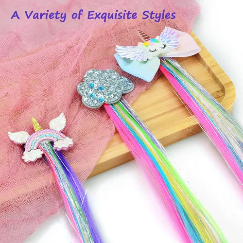 Miniatura 4 de Little World Pinzas para el cabello para niñas, 6 extensiones de cabello arcoíris, pinzas de pelo de unicornio para niñas y niños pequeños, colas