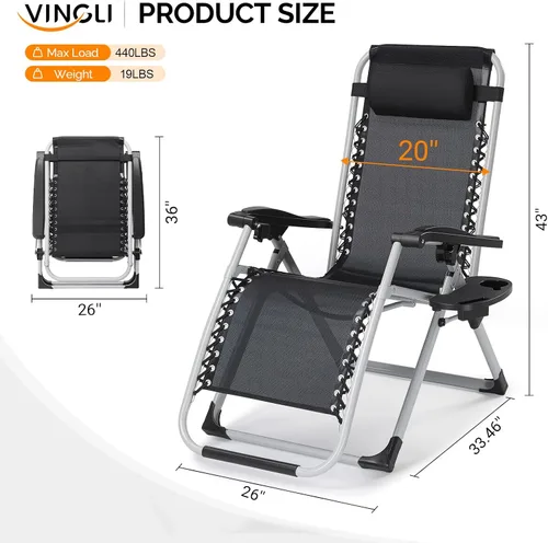 Miniatura 5 de VINGLI Silla Acolchada de Gravedad Cero, Silla de Salón con Cojín y Bandeja Removibles, Sillas Plegables Reclinables para Patio, Silla Reclinable