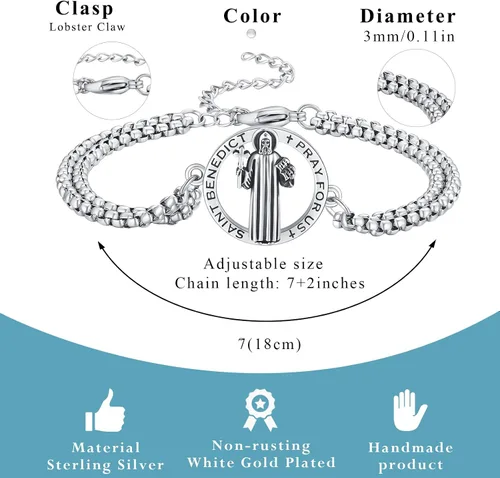 Miniatura 67 de Pulsera unisex de San Miguel/Cristóbal/Benedicto/Jude/José/Guadalupe/Ángel de la Guarda/Santa Muerte Pulsera de plata de ley 925 con cadena de doble