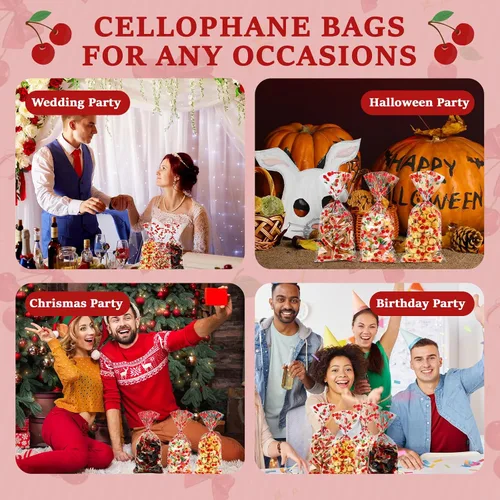 Miniatura 6 de Yexiya 100 bolsas transparentes de celofán de cerezas rojas para golosinas, bolsa de regalo con lazos de cinta, bolsas de plástico impresas