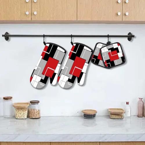 Miniatura 2 de MCALK Juego de 5 guantes de horno rojos y soportes para ollas, guantes de horno negros geométricos y almohadillas calientes para cocinar