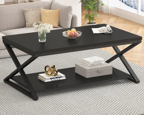 Miniatura 3 de HSH Mesa de café negra moderna, mesa de cóctel rectangular simple de 47 pulgadas con estante de exhibición de almacenamiento, mesa de té industrial
