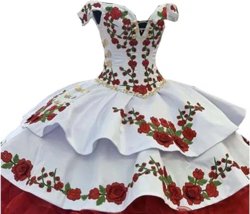 Miniatura 5 de Adorno dorado 2026 Flores africanas rojas bordadas 2 en 1 vestido de fiesta vestidos de quinceañera fuera del hombro baile de graduación dulce 15 16