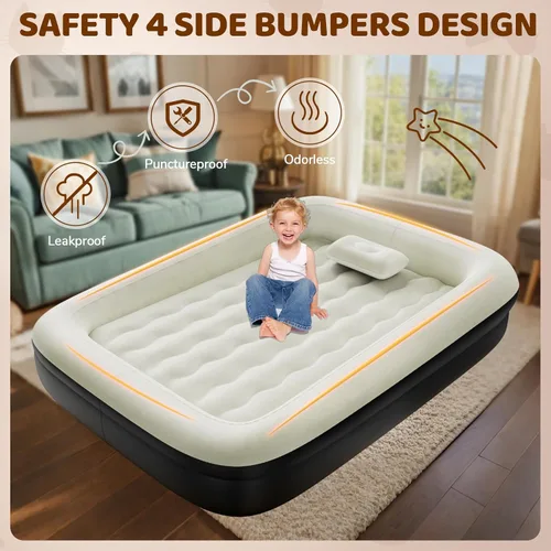 Miniatura 3 de Cama inflable de viaje para niños pequeños, colchón de aire portátil de 64 pulgadas con cuatro lados de seguridad, bomba de alta velocidad y bolsa
