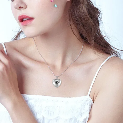 Miniatura 4 de Cuoka Collar con medallón de corazón de plata de ley 925 con medallón de corazón con foto personalizada para mujer, Plata esterlina, No es una