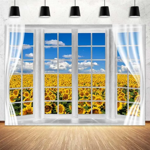Miniatura 6 de Telón de fondo de campo de girasol, ventana, paisaje, granja, primavera, flores amarillas, cielo azul, fondo de poliéster de 5 x 3 pies para fotos