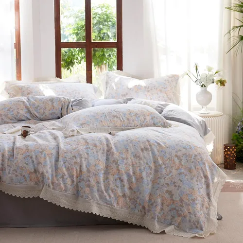 Miniatura 42 de Juego de funda de edredón blanca con estampado floral azul, juego de ropa de cama de algodón suave estilo bohemio, juego de ropa de cama estética