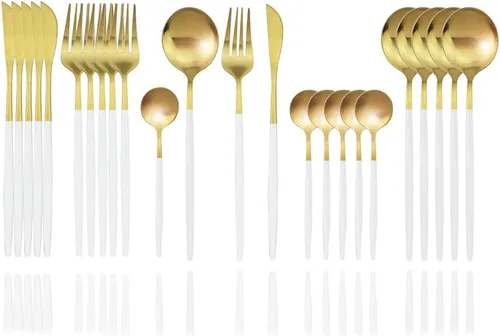 Miniatura 9 de JASHII Juego de cubiertos de 24 piezas con piezas de servir, utensilios de acero inoxidable, incluye cuchillo, tenedor/cuchara, acabado mate, apto