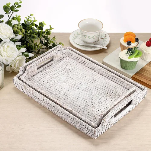 Miniatura 8 de Hipiwe Bandeja de ratán para servir con asas de madera, bandeja decorativa tejida a mano para mesa de café, cesta rectangular, bandejas otomanas