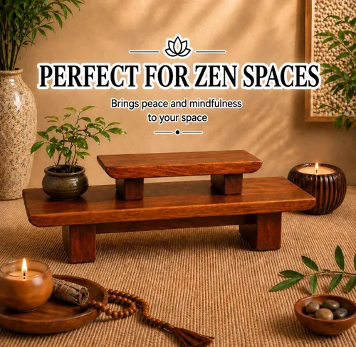Miniatura 5 de Mesa de altar de meditación – Santuario Puja escalonado hecho a mano de 21 x 7.5 x 6 pulgadas – Mesas pequeñas para relajación, oración – Meditación
