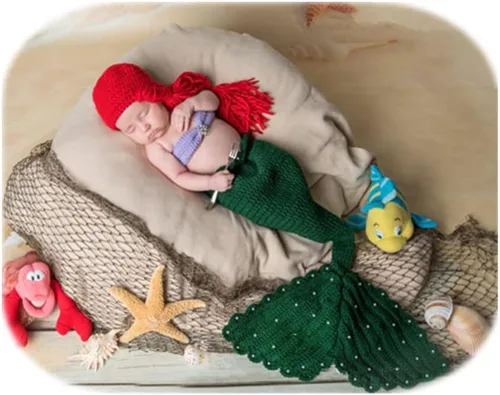 Miniatura 8 de Accesorios de fotografía para recién nacidos, diadema de estrella, brasier y cola de sirena para sesión de fotos de bebé (rojo)