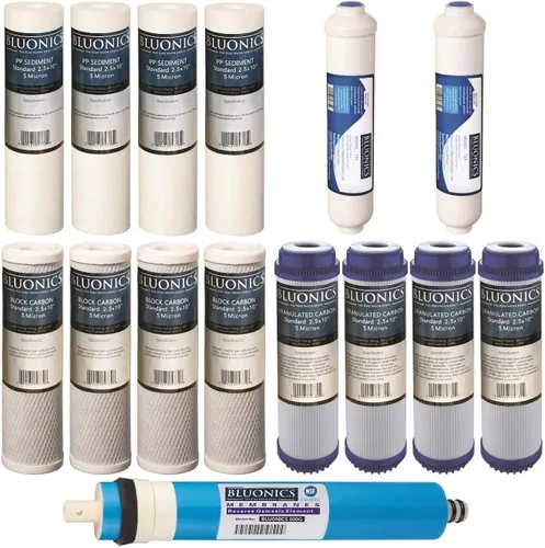 BLUONICS Juego de filtros de repuesto de ósmosis inversa cartuchos RO (15 piezas) con membrana 100 GPD