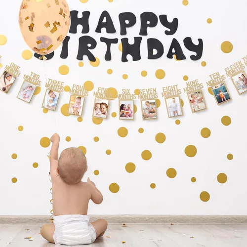 Miniatura 4 de Whaline Cartel de fotos de bebé de primer cumpleaños para recién nacidos a 12 meses, guirnalda de fotos de hitos mensuales, decoración de Champán
