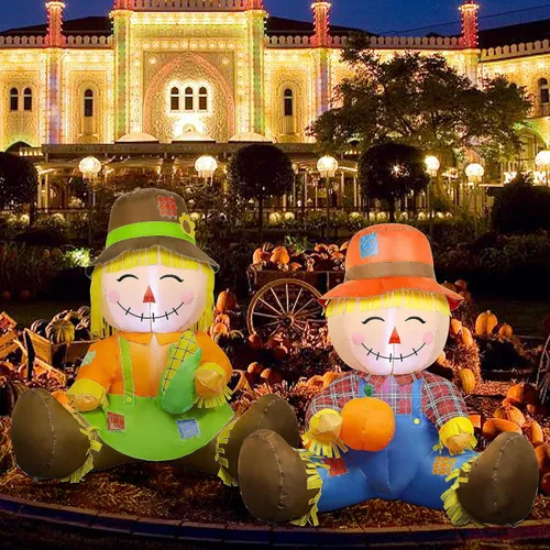 Miniatura 4 de Lulu Home Decoración inflable de otoño de 3.3 pies, juego de 2 espantapájaros soplados con aire para parejas con luces LED integradas para cosecha