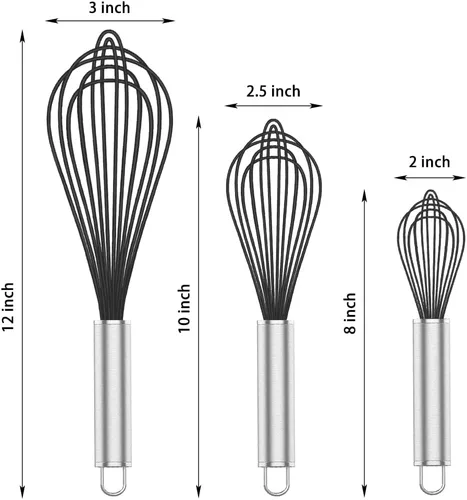 Miniatura 6 de OYV Batidor de silicona, paquete de 3 batidores profesionales para cocinar sin arañazos, acero inoxidable y silicona, batidor de goma de plástico
