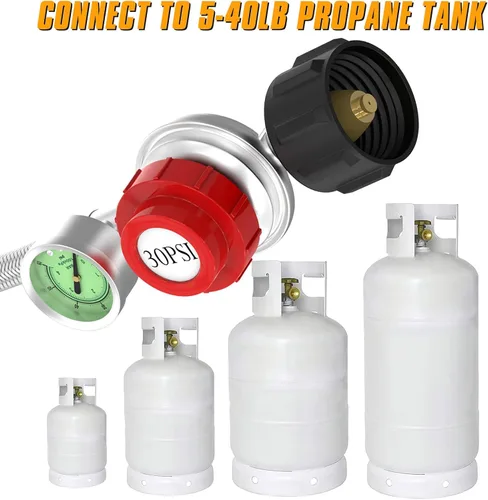 Miniatura 8 de Manguera de propano de 5 pies con regulador para tanque de propano, regulador de alta presión ajustable de 0-30 PSI con manómetro 0~60 PSI indicador