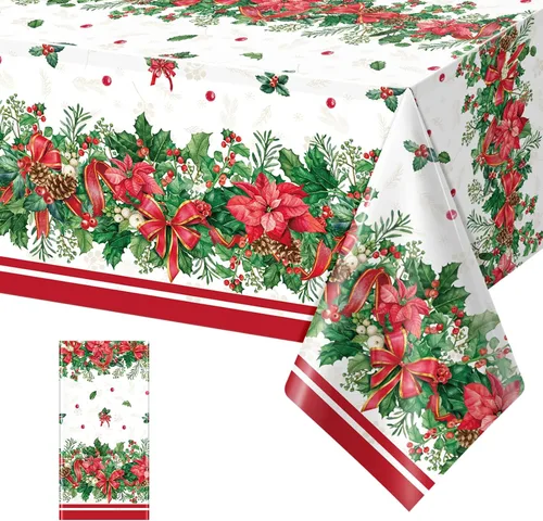 Miniatura 9 de 3 manteles navideños de acebo y flor de pascua, manteles desechables rectangulares de plástico con diseño de bayas de acebo y listón rojo, cubiertas