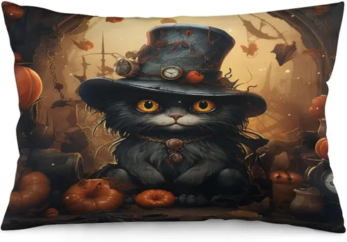 Miniatura 15 de Funda de almohada con sombrero de bruja con diseño de gato de 20 x 30 pulgadas, diseño de impresión de doble cara con cremallera invisible, Patrón 8