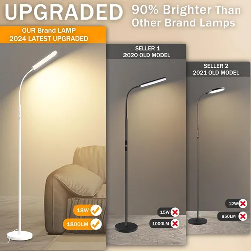 Miniatura 3 de Marctronic Lámpara de pie blanca, lámpara de pie LED brillante de 18W 1800LM para sala de estar dormitorio, lámpara de pie regulable con Blanco